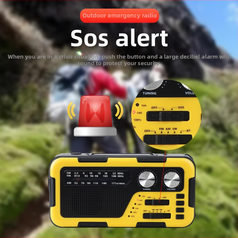 Rokasgriezējamais radio ārējiem ārkārtas gadījumiem ar SOS, saules uzlādi un Bluetooth skaļruni; iebūvēts LED lukturis, MP3 atbalsts un USB interfeiss; 2000 mAh akumulators