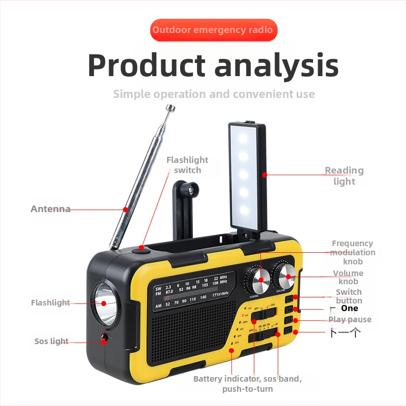 Rokasgriezējamais radio ārējiem ārkārtas gadījumiem ar SOS, saules uzlādi un Bluetooth skaļruni; iebūvēts LED lukturis, MP3 atbalsts un USB interfeiss; 2000 mAh akumulators