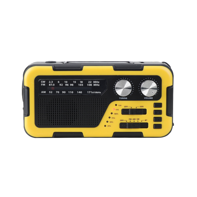 Rokasgriezējamais radio ārējiem ārkārtas gadījumiem ar SOS, saules uzlādi un Bluetooth skaļruni; iebūvēts LED lukturis, MP3 atbalsts un USB interfeiss; 2000 mAh akumulators