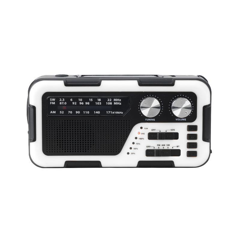 Rokasgriezējamais radio ārējiem ārkārtas gadījumiem ar SOS, saules uzlādi un Bluetooth skaļruni; iebūvēts LED lukturis, MP3 atbalsts un USB interfeiss; 2000 mAh akumulators