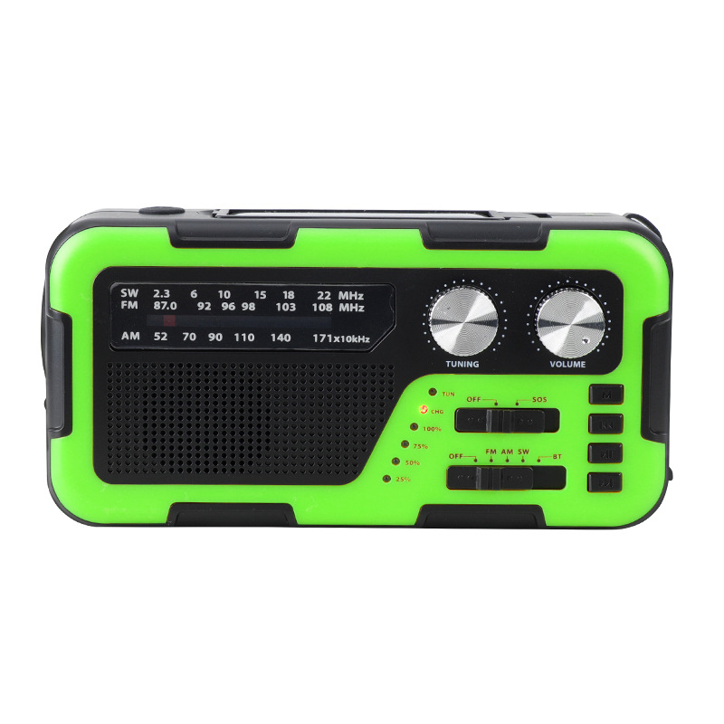 Rokasgriezējamais radio ārējiem ārkārtas gadījumiem ar SOS, saules uzlādi un Bluetooth skaļruni; iebūvēts LED lukturis, MP3 atbalsts un USB interfeiss; 2000 mAh akumulators
