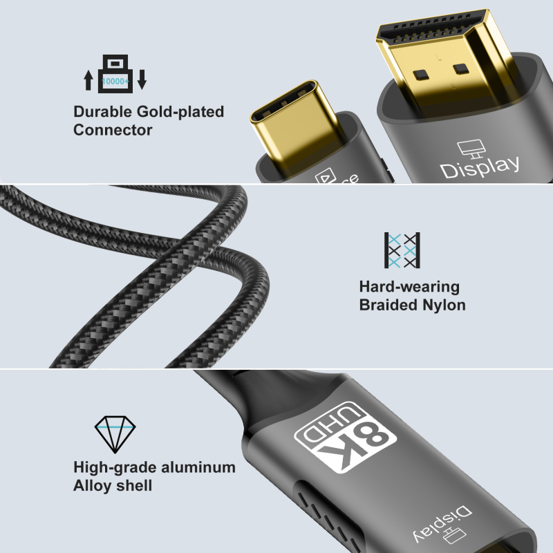 Type-C na HDMI pretvarački kabel, jednostrani, 8K60Hz, 32Gbps, CH7218 čip, bakreni jezgra, duljina 1–3 m