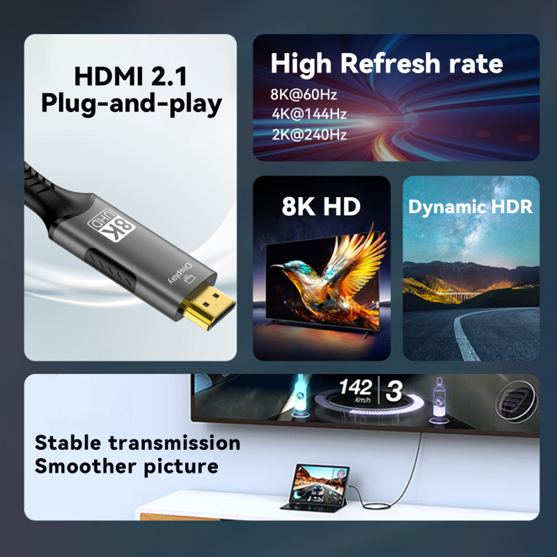 Type-C na HDMI pretvarački kabel, jednostrani, 8K60Hz, 32Gbps, CH7218 čip, bakreni jezgra, duljina 1–3 m