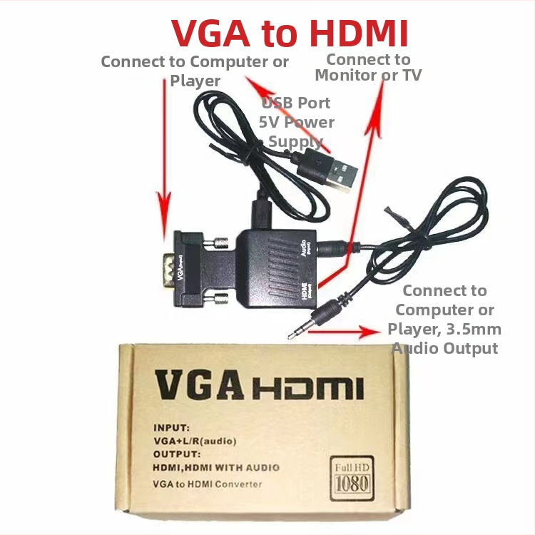 VGA na HDMI adaptér, čip 9288 5621, 1080p, 1 vstup, 2 výstupy, model VGA-HDMI