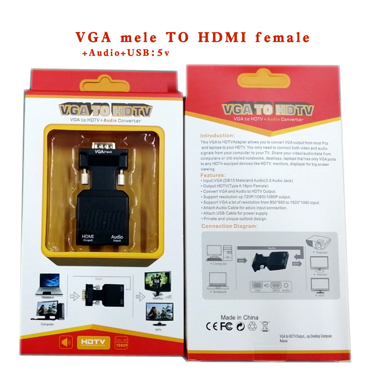 VGA към HDMI адаптер, чип 9288 5621, 1080p, 1 вход, 2 изхода, модел VGA-HDMI