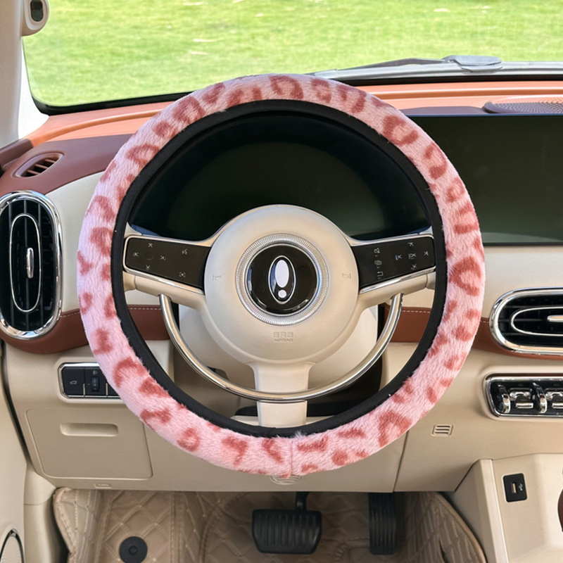 Husă pluș pentru volan, imprimat leopard, încălzită, potrivire universală pentru iarnă