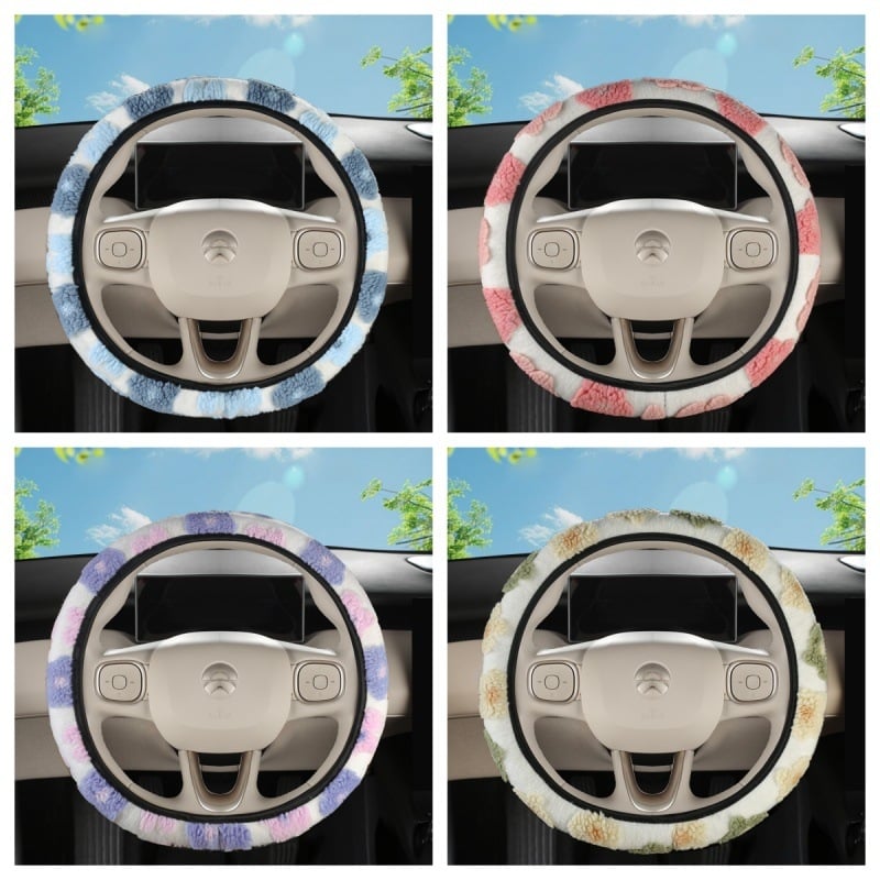 Autó kormánykerék védő mesterséges plüssből, 3D virágos mintázat, kerek D-alakú kialakítás, universális illeszkedés, testreszabás elérhető