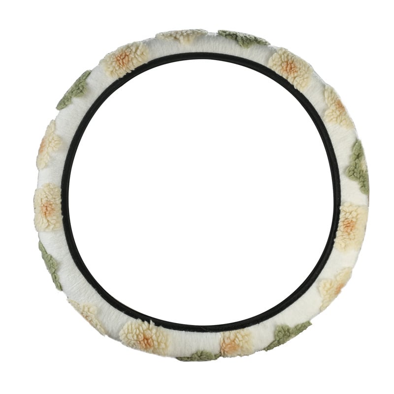 Autó kormánykerék védő mesterséges plüssből, 3D virágos mintázat, kerek D-alakú kialakítás, universális illeszkedés, testreszabás elérhető
