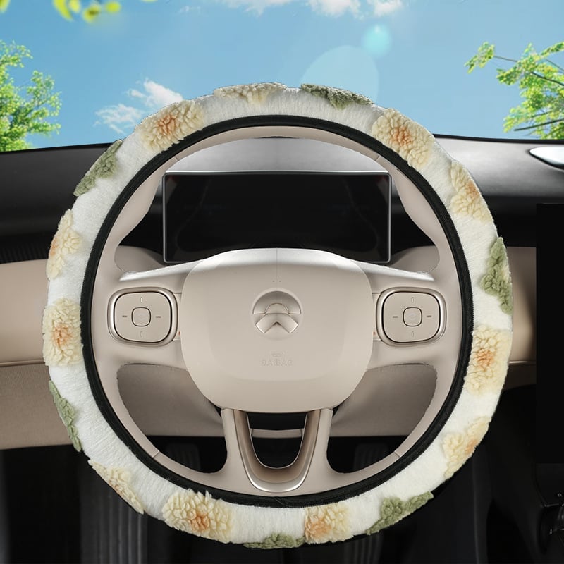 Autó kormánykerék védő mesterséges plüssből, 3D virágos mintázat, kerek D-alakú kialakítás, universális illeszkedés, testreszabás elérhető