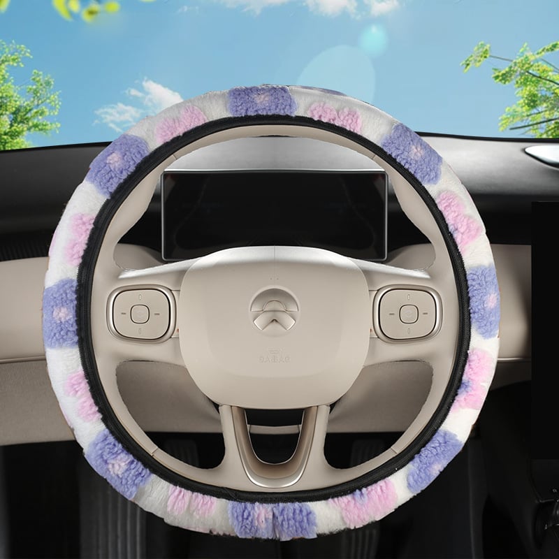 Autó kormánykerék védő mesterséges plüssből, 3D virágos mintázat, kerek D-alakú kialakítás, universális illeszkedés, testreszabás elérhető