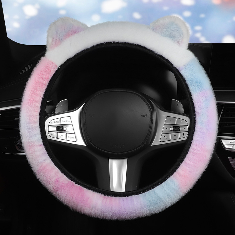 Povlak volantu s plyšovými ušami - zimné teplo, univerzálne uchytenie, šité strojom, syntetický plyš