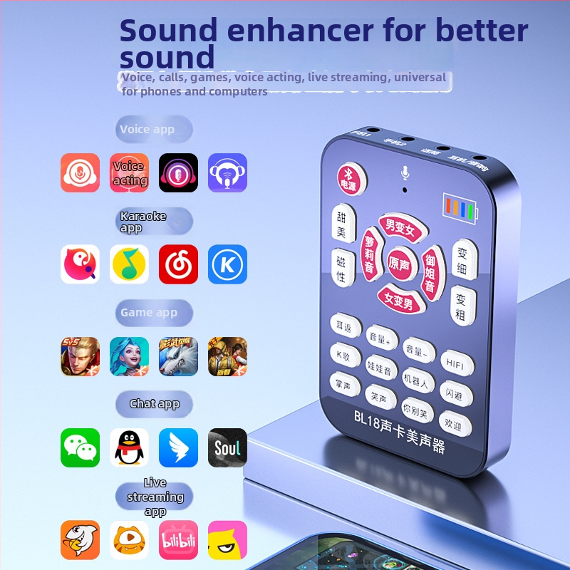 BL18 Schimbător de voce pentru jocuri și streaming, Bluetooth 5.0, baterie încorporată 500–800 mAh (6–8 ore), Microfon Lavalier omnidirecțional, Răspuns în frecvență 100 Hz–20 kHz, SNR ≥60 dB