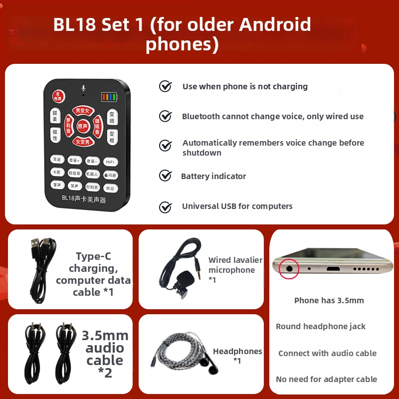 BL18 Schimbător de voce pentru jocuri și streaming, Bluetooth 5.0, baterie încorporată 500–800 mAh (6–8 ore), Microfon Lavalier omnidirecțional, Răspuns în frecvență 100 Hz–20 kHz, SNR ≥60 dB