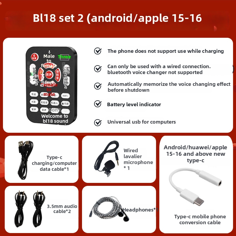 BL18 Schimbător de voce pentru jocuri și streaming, Bluetooth 5.0, baterie încorporată 500–800 mAh (6–8 ore), Microfon Lavalier omnidirecțional, Răspuns în frecvență 100 Hz–20 kHz, SNR ≥60 dB