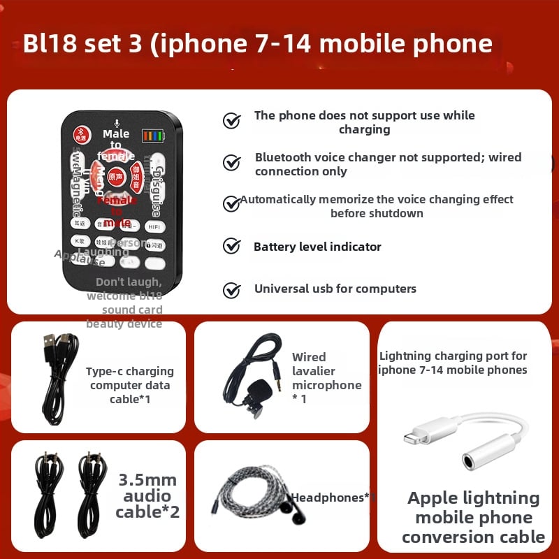 BL18 Schimbător de voce pentru jocuri și streaming, Bluetooth 5.0, baterie încorporată 500–800 mAh (6–8 ore), Microfon Lavalier omnidirecțional, Răspuns în frecvență 100 Hz–20 kHz, SNR ≥60 dB