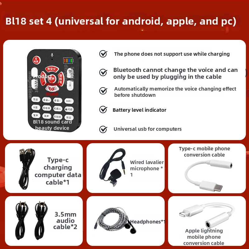 BL18 Schimbător de voce pentru jocuri și streaming, Bluetooth 5.0, baterie încorporată 500–800 mAh (6–8 ore), Microfon Lavalier omnidirecțional, Răspuns în frecvență 100 Hz–20 kHz, SNR ≥60 dB