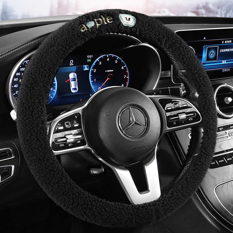Zimska plišana navlaka za volan automobila, bijela, s izšivenim motivom jabuke, minimalistički dizajn