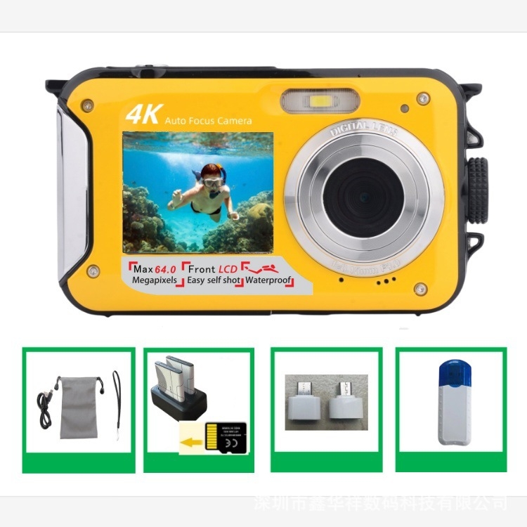 Veealune 4K kaamera 64MP automaatse teravusega ja topelt-selfieekraaniga