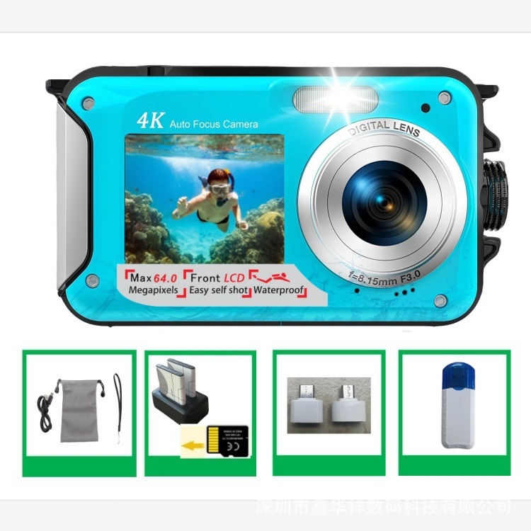 Veealune 4K kaamera 64MP automaatse teravusega ja topelt-selfieekraaniga