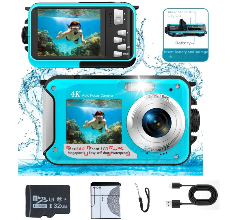 Veealune 4K kaamera 64MP automaatse teravusega ja topelt-selfieekraaniga