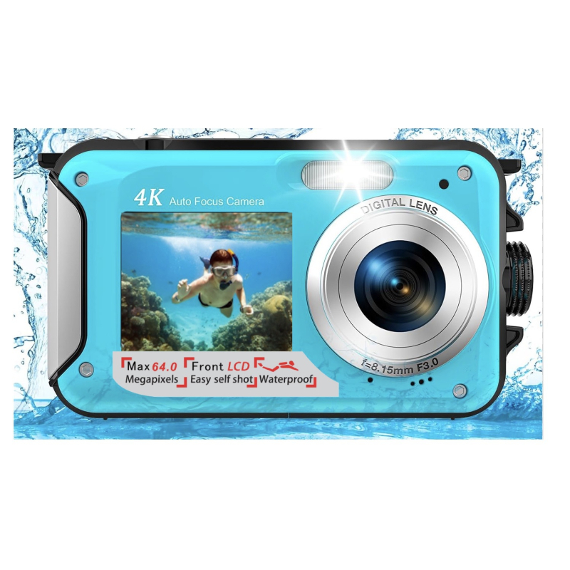 Veealune 4K kaamera 64MP automaatse teravusega ja topelt-selfieekraaniga