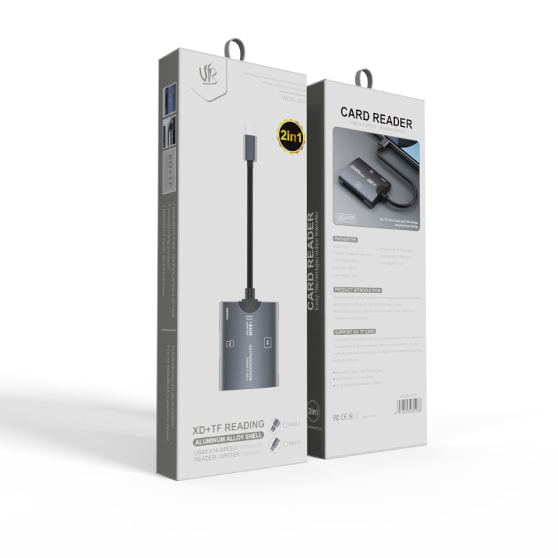 YX-G103 USB Type-C 2-in-1 kártyaolvasó, ház alumíniumötvözet, TF kártya támogatás, számítógépekhez és mobil eszközökhöz