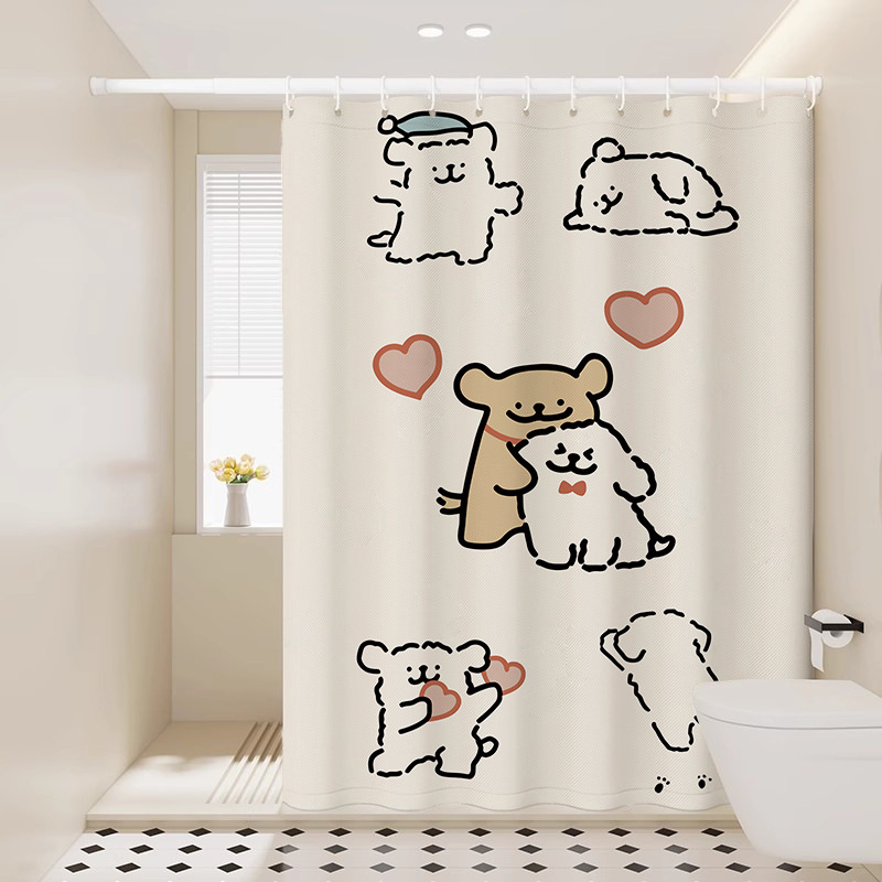 Αδιάβροχη υφασμάτινη κουρτίνα ντους της Pure Tone με χαριτωμένο μοτίβο κουταβιού – εγκατάσταση χωρίς διάτρηση για μπάνιο