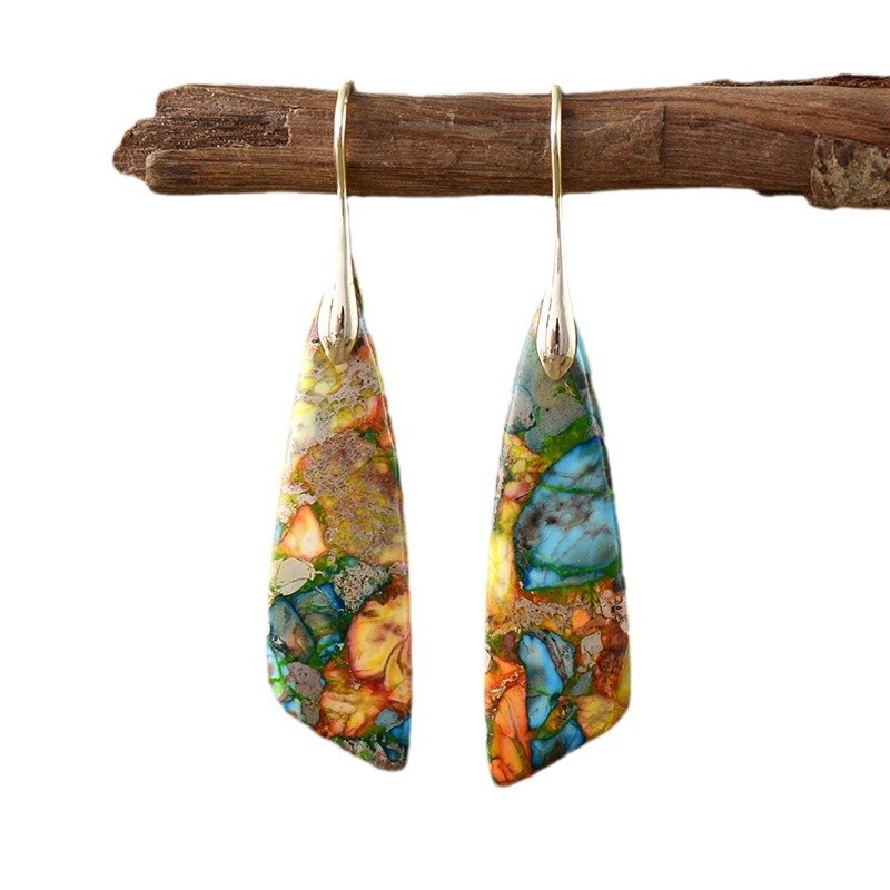 Обеци, богемски стил, капковидни геометрични висящи, материал: Императорски камък, оригинален дизайн, за жени