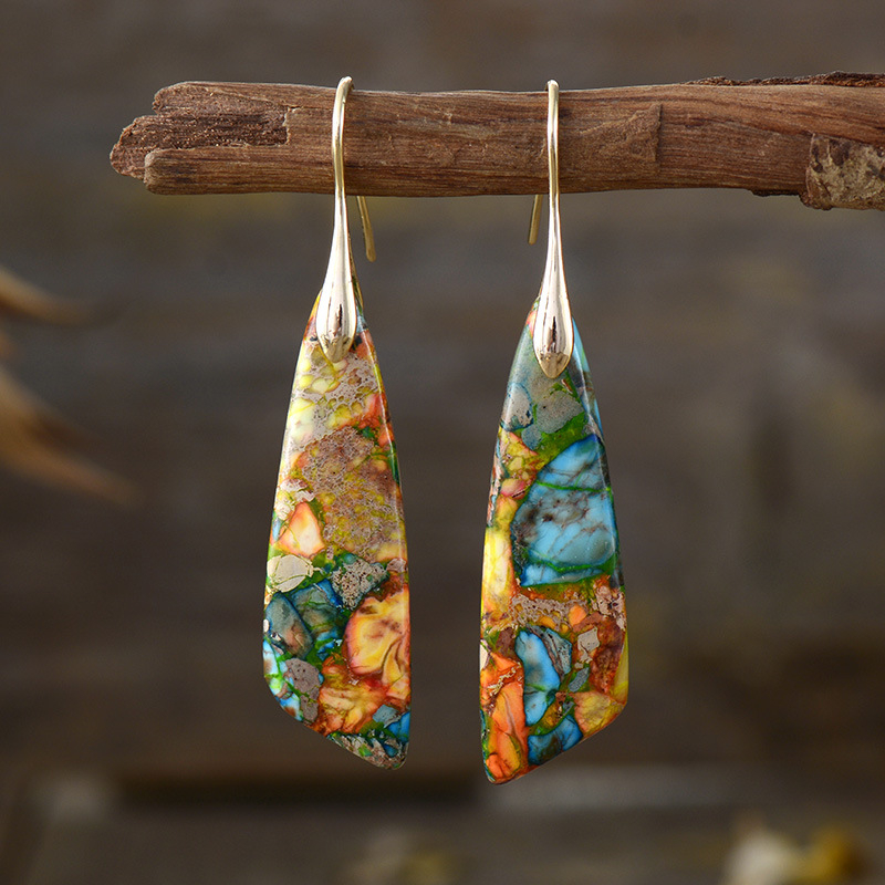 Обеци, богемски стил, капковидни геометрични висящи, материал: Императорски камък, оригинален дизайн, за жени