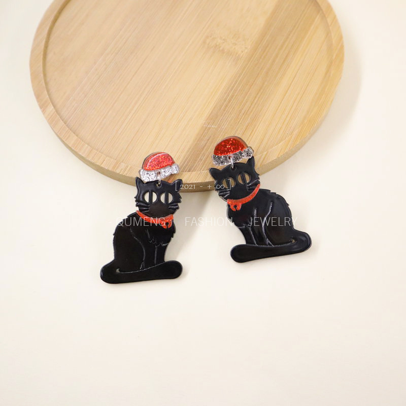 Cercei - acrilic brad de Crăciun, pălărie de Moș Crăciun și design de pisică - Făcute manual, Toamnă 2022