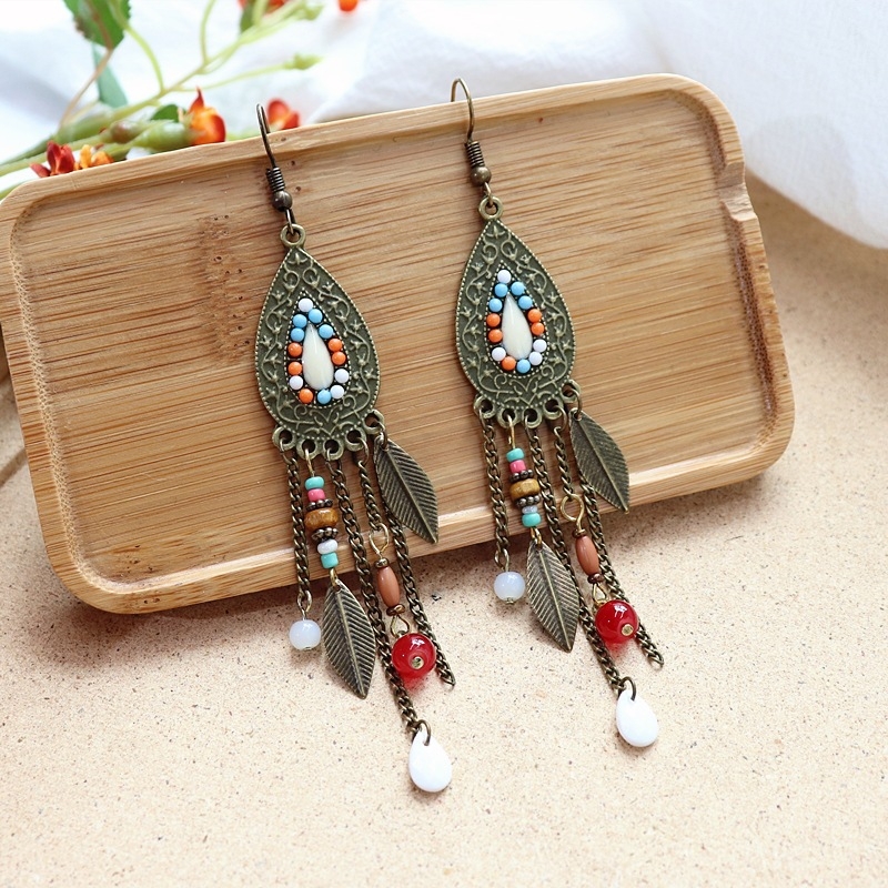 Ženske boho naušnice Luo Xiang, mješavina materijala, kapkovitog oblika