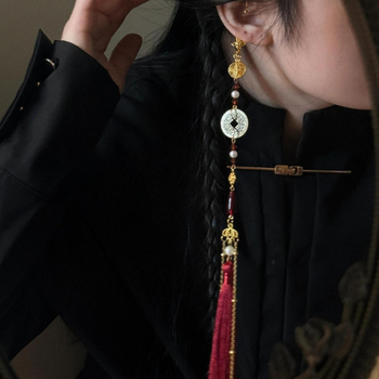 Cercei cu agățători în stil antic chinezesc, cu monede din cupru și ciucuri, bijuterii din aliaj, lucrate manual, origine Yiwu