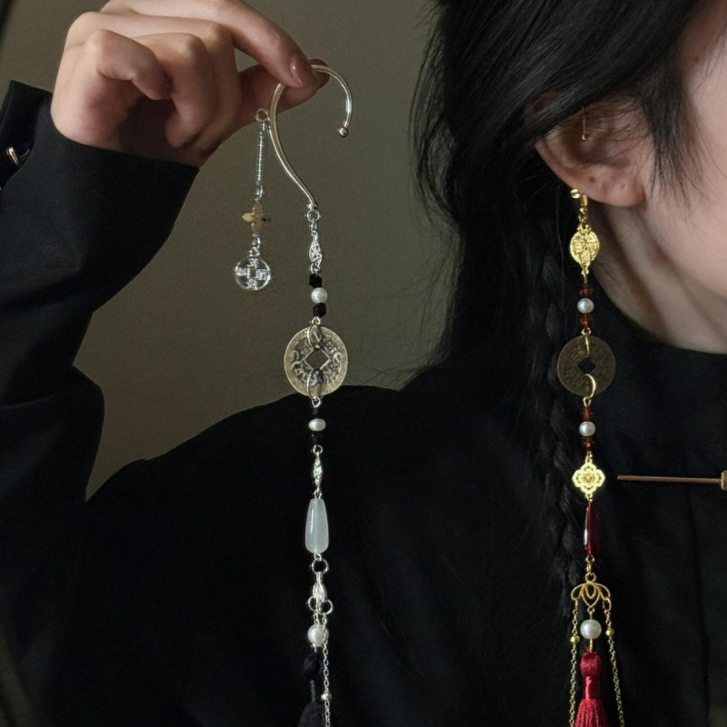 Cercei cu agățători în stil antic chinezesc, cu monede din cupru și ciucuri, bijuterii din aliaj, lucrate manual, origine Yiwu