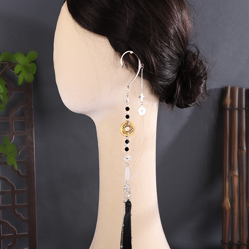 Cercei cu agățători în stil antic chinezesc, cu monede din cupru și ciucuri, bijuterii din aliaj, lucrate manual, origine Yiwu