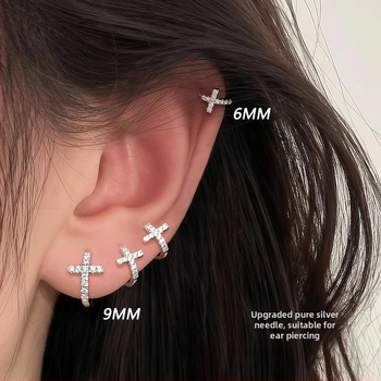 Cercei inel cu cruce pentru piercing, formă geometrică, ac argint 925, aliaj placat cu electroplacare, unisex, stil casual