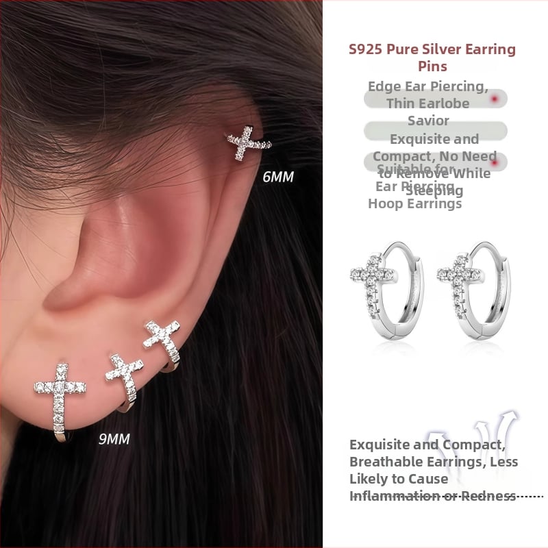 Cercei inel cu cruce pentru piercing, formă geometrică, ac argint 925, aliaj placat cu electroplacare, unisex, stil casual