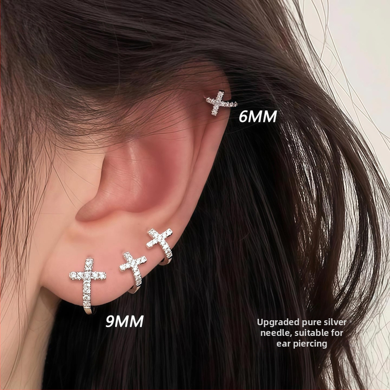 Cercei inel cu cruce pentru piercing, formă geometrică, ac argint 925, aliaj placat cu electroplacare, unisex, stil casual