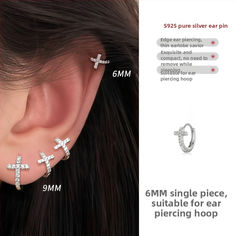 Cercei inel cu cruce pentru piercing, formă geometrică, ac argint 925, aliaj placat cu electroplacare, unisex, stil casual