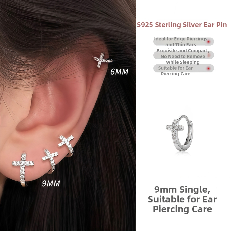 Cercei inel cu cruce pentru piercing, formă geometrică, ac argint 925, aliaj placat cu electroplacare, unisex, stil casual