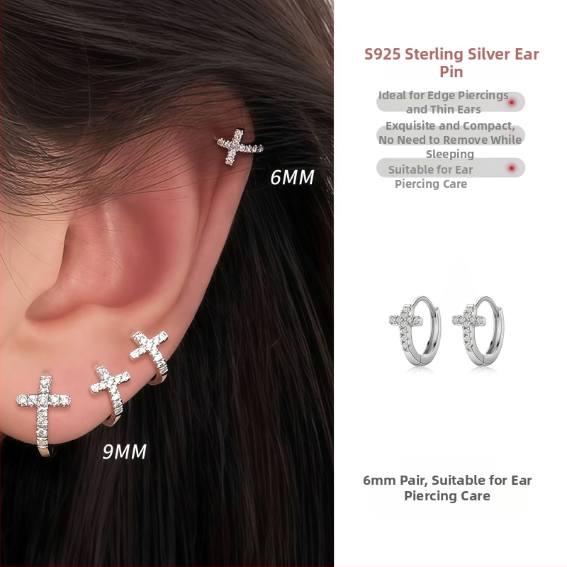 Cercei inel cu cruce pentru piercing, formă geometrică, ac argint 925, aliaj placat cu electroplacare, unisex, stil casual