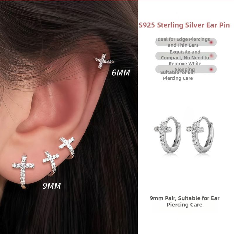 Cercei inel cu cruce pentru piercing, formă geometrică, ac argint 925, aliaj placat cu electroplacare, unisex, stil casual