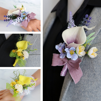 PU Calla Lily corsage és karkötő esküvőre – kézzel készített, corsage 9x14 cm, karkötő 10x10 cm