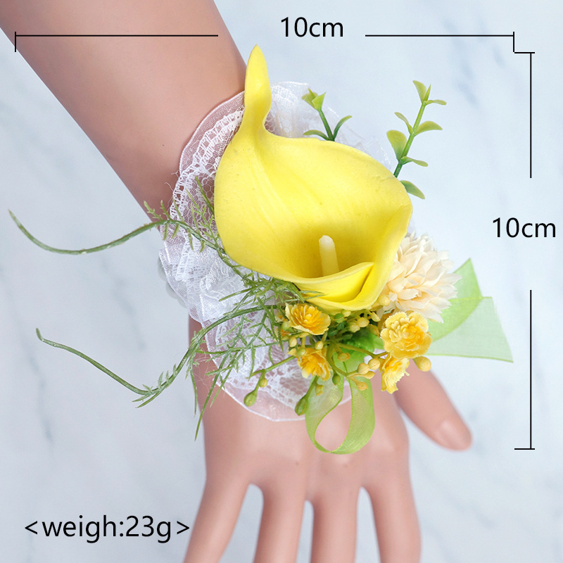 PU Calla Lily corsage és karkötő esküvőre – kézzel készített, corsage 9x14 cm, karkötő 10x10 cm
