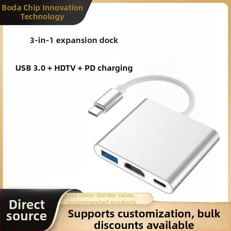 Typ-C 3-v-1 dokovacia stanica s HDMI výstupom a USB hubom, s externým napájaním, prenos až 5 Gbps