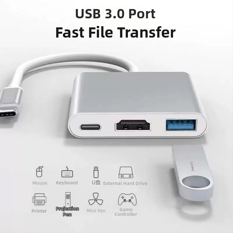 Typ-C 3-v-1 dokovacia stanica s HDMI výstupom a USB hubom, s externým napájaním, prenos až 5 Gbps
