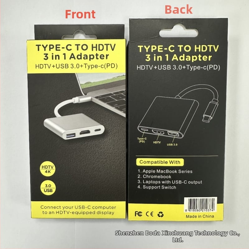 Typ-C 3-v-1 dokovacia stanica s HDMI výstupom a USB hubom, s externým napájaním, prenos až 5 Gbps