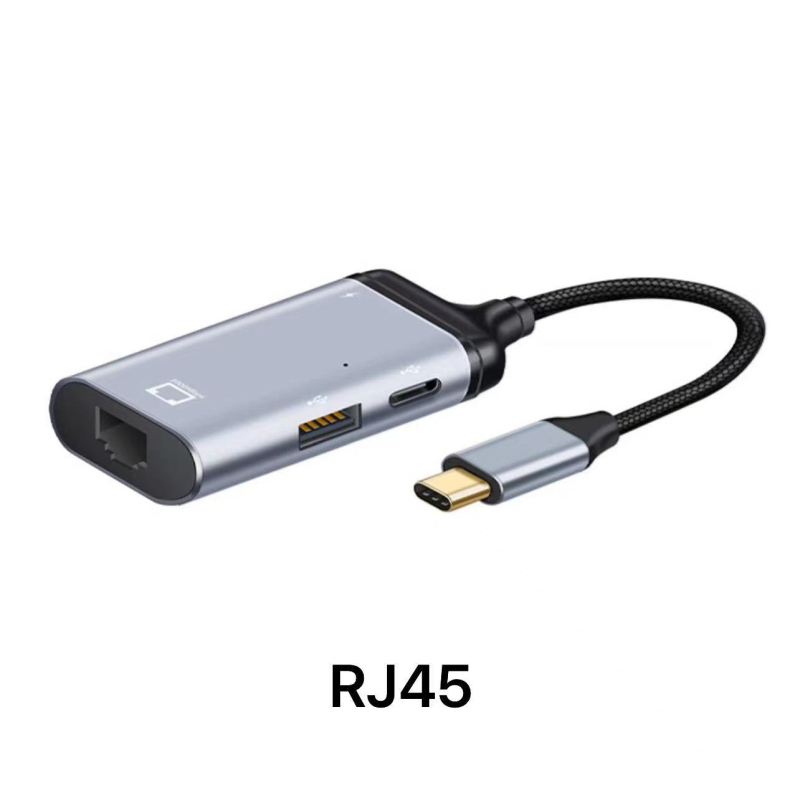 Convertor Type-C către video cu port RJ45 Gigabit Ethernet, 1 intrare / 3 ieșiri, încărcare PD100W rapidă, alimentare externă, transfer USB 2.0 de date