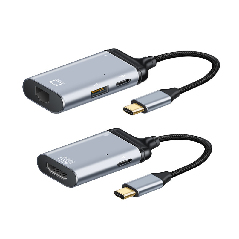 Convertor Type-C către video cu port RJ45 Gigabit Ethernet, 1 intrare / 3 ieșiri, încărcare PD100W rapidă, alimentare externă, transfer USB 2.0 de date