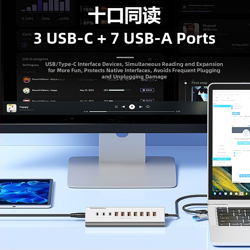 Lanshuo USB 3.2 Type-C 10-portový hub s externým napájaním, 5 Gbps