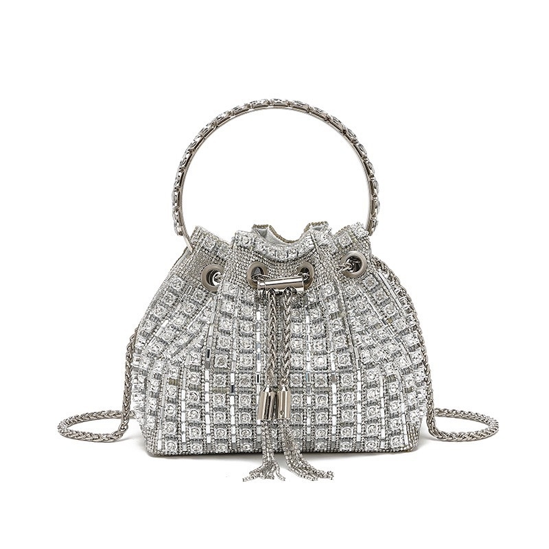 Geantă de seară tip găleată, închidere cu șnur, poliester, buzunar intern cu fermoar, lansare toamnă 2025